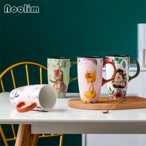 European Ceramic Large Capacity Coffee Mug with Lid Cute Cartoon Animal Breakfast Milk Mug Couple Water Cup Drinkware 560ML