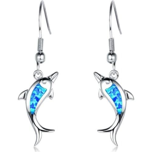 FYJS Unique Silver Plated 5 Colors Opalite Opal Drop Earrings for Elegant Women Lovely Dolphin Jewelry