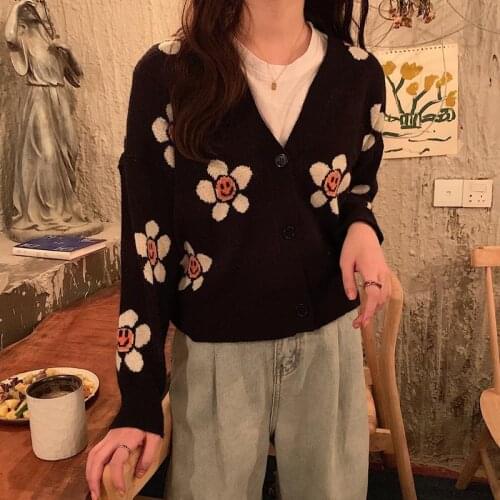 Sunflower Xiaoxiang Korean Skinny 2020 Knitted Smiley Sunflower Joker Short Cardigan Sweater Jacket Female