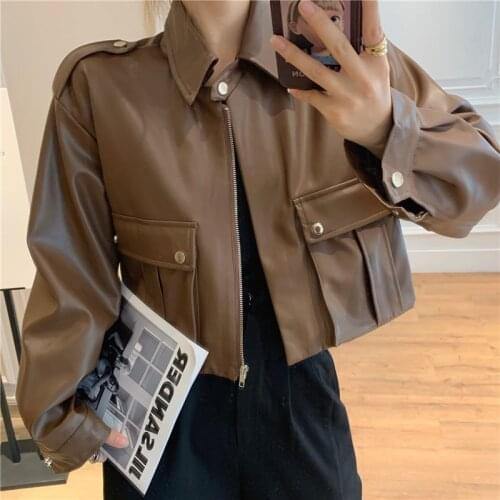 Brown Vintage faux pu leather coat Loose short lapel Long sleeve biker jacket casual Spring autumn 2021 abrigo mujer streetwear