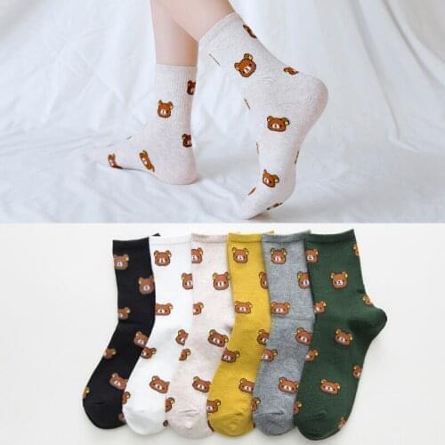 Cute Womens Socks Fashion Kawai Cartoon Combed Cotton Funny Bear 5 Colors Korean College Wind a Pair of Socks Size:35-40