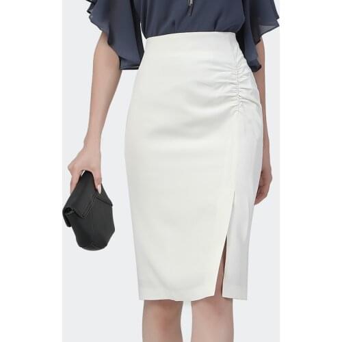 Knee-Length Ladies White Pencil Skirt Lightly Shirred Elegant Women Office Bottoms Side Slit Back Zip Up Female Plus Size Skirts