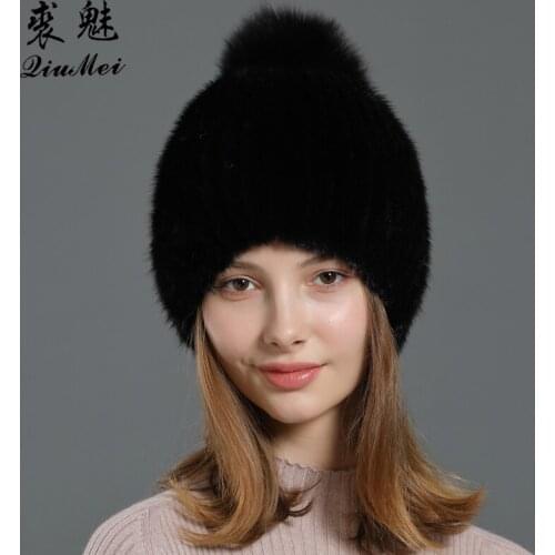 Russian Women Real Mink Fur Hat Beanies Cold Winter Cute Pompom Female Free Size Elastic Knitting Hat Black Brown Genuine Fur
