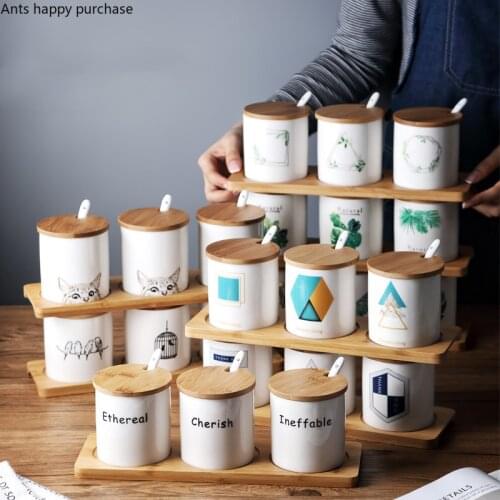 Nordic Kitchen Seasoning Storage Box Ceramics Spice Jar Three-piece Set with Wooden Pallet Home Use Seasoning Set Combination