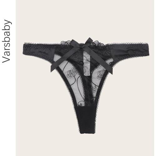 Varsbaby sexy lace thong mesh see-through low waist embroidery bow lace lace fashion luxury panties