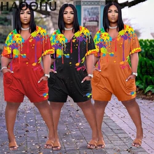 HAOOHU Women Summer Clothing Fashion Splash Ink Printing V-neck Casual Hooded Pocket Jumpsuit Homewear Loose Shorts Rompers
