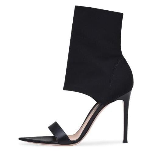 Newest Cheap Red Black Elastic Cloth High Heel Sandals Boots Woman Big Size 46 Open Toe Cuts Out Slip on Short Ankle Boots Shoes