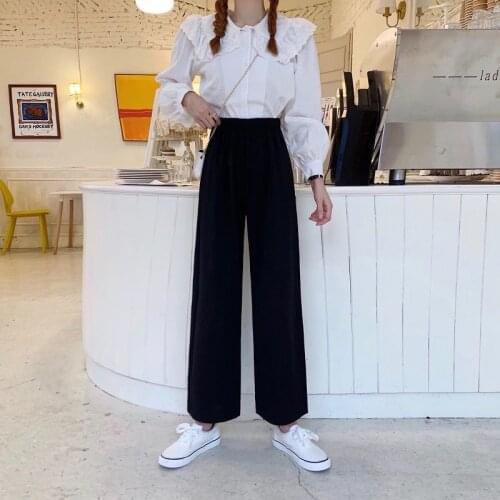Wide Leg Pants Women Spring Pure Black Korean All-match Trendy Elegant Casual Daily Female Trousers Elastic Waist Plus Size Chic