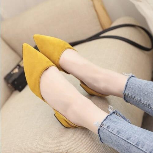 New Women Sandals Med Heels 3cm Ladies Shoes Pointy Shallow Suede Sandals 2021 Summer Word Buckle Slip on Shoes