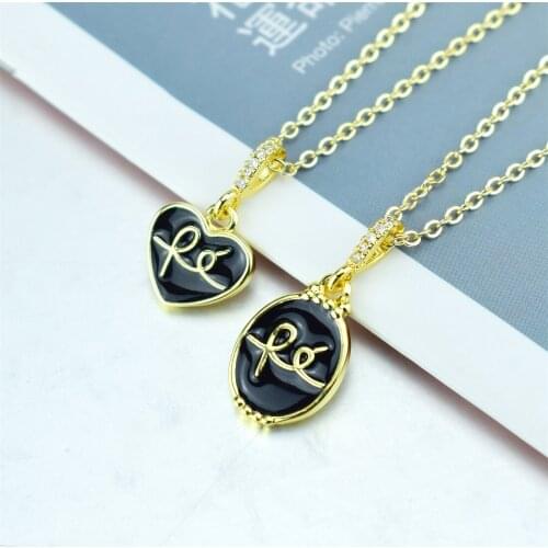 Gold Chain Stone Enamel Oval Heart-shaped Necklace for Women FE Letter Pendant Necklace CZ Cubic Zirconia Simple Jewelry Gifts