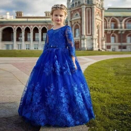 Amaya Royal Blue Long Sleeves Flower Girl Dresses for Wedding Lace Appliques Holy Communion Gowns Kids Prom Dress Vestidos Niña