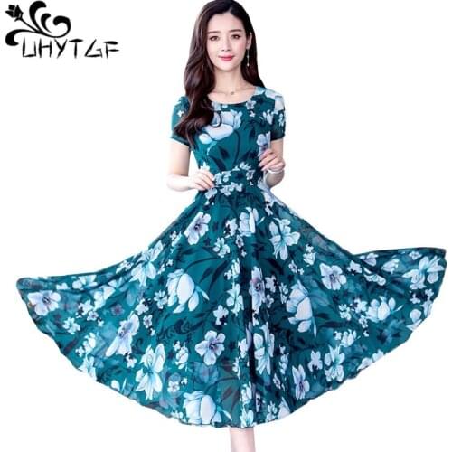 UHYTGF M-3XL Plus size dresses Womens High end Chiffon printed Bohemian dress Short sleeve Large swing summer dresses Lady 1350