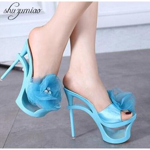 Strange Heels Platforms 2019 New Women Shoes Sandals and Slippers Blue Satin Chiffon Floral Diamond Waterproof Profiled Shoes