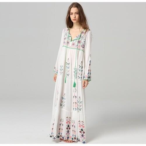 2020 summer new Korean fashion loose dress retro embroidery tassel V-neck dress bohemian travel holiday beach long dress