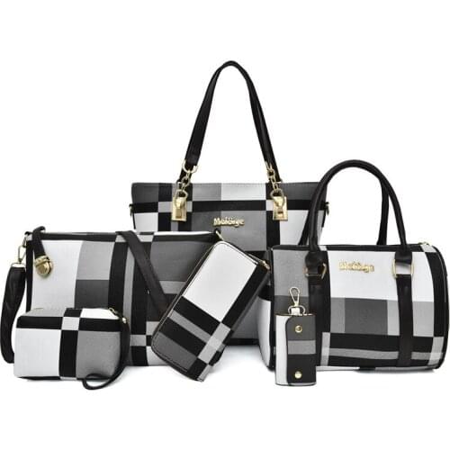 Women Plaid Pattern Composite Bag 6 Pcs PU Leather Shoulder Bags Ladies Handbags Crossbody Bags Fashion Female Large Bacpack