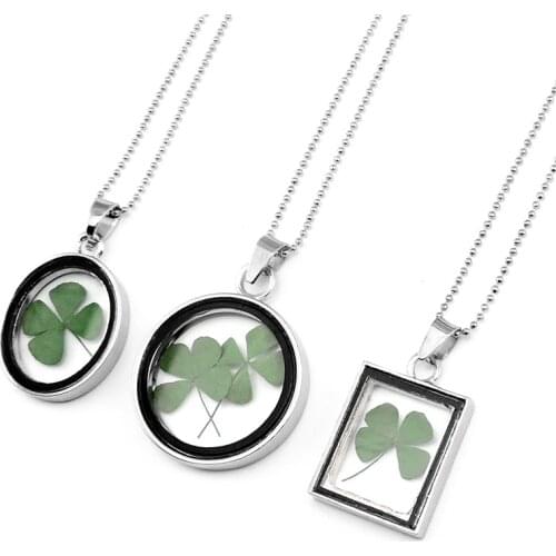 Creative handmade natural dried flower specimen lucky four-leaf clover sweater chain crystal glass necklace female jewelry