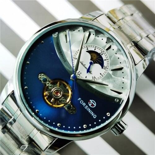 Forsining Blue Automatic Watch For Men Male Moon Phase Stainless Steel Casual Mechanical Watches Wristwatch Relogio Masculino