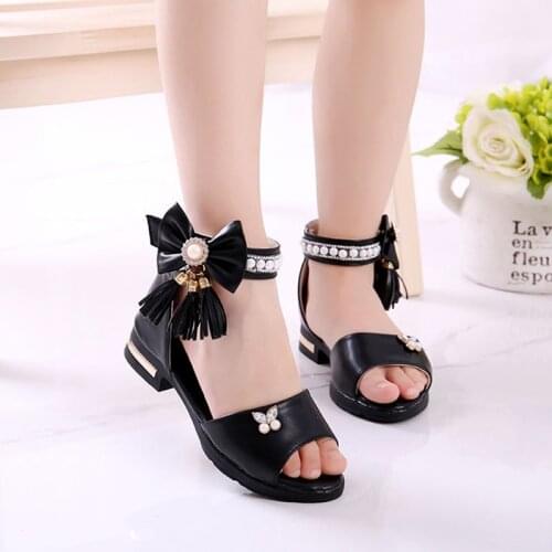Kids Summer Ankle Sandals For Big Children Square Heels Tassel Pearls Princess Party Dress Shoes 4 5 6 7 8 9 10 11 12 13 Years