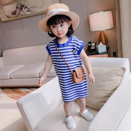 Baby Girls T-Shirt Dress Summer Clothes Casual Cartoon Cotton Blue White Strip Party Dress Streetwear Children Outfits