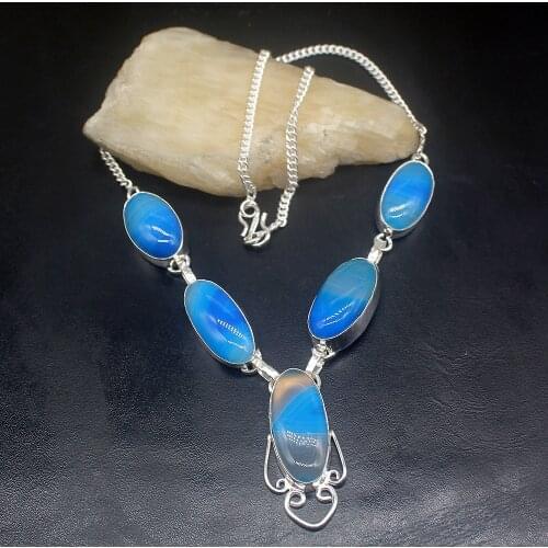 Gemstonefactory Jewelry Big Promotion 925 Silver Fashion Blue Botswana Agate Ladies Women Chain Necklace 50cm 202101697
