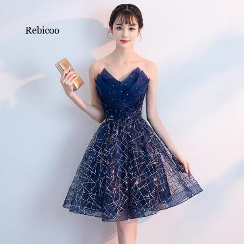 Short Evening Dress Navy Blue Sequins Pleat V-neck Formal Evening Party Dress