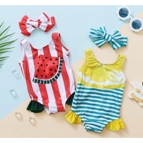 Toddler Baby Girls Swimwear Watermelon Striped Printed Ruffles Hem One Piece Bikini Summer Swimsuit Sleeveless Swimming Suit Set