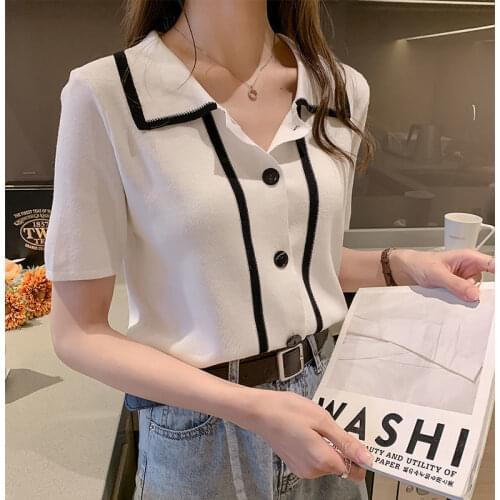 Summer Knitting Short Sleeve T-shirt Button Polo Collar Thin Splicing Color Tops Women 2021 New Fashion Clothing Wholesale