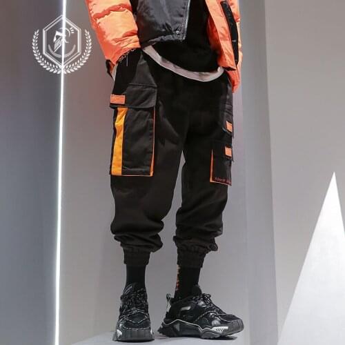 Men Loose Cargo Safari Style Pants Fashion PocketsHarem Jogger Pants Patchwork Ankle-Length Hip Hop Pants