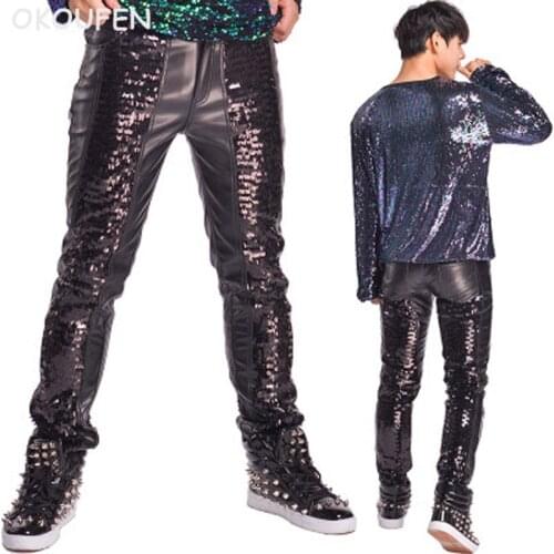 2018 New Black Sequins Leather Pants Punk style Male Slim Pants nightclub singer dj stage perforance dance trousers