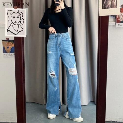 New Spring Loose Straight jeans women Split Holes Ripped Jeans Hollow Out High Waist Zipper Fly Denim Blue Jeans Wide Leg Pants