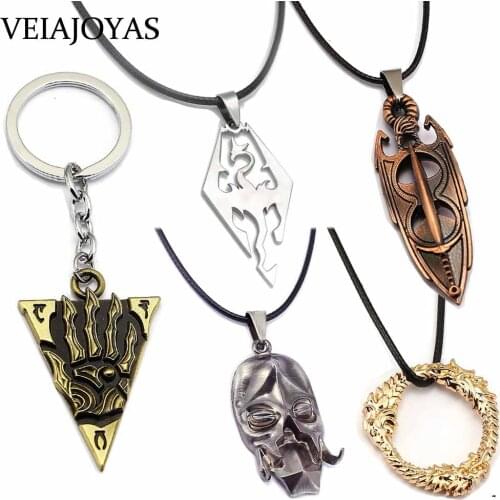 Game The Elder Scrolls Pendant Necklace OL Skyrim Dragon Alloy Pendant Vintage Priest Mask Keychain Triangle Charm Choker Women