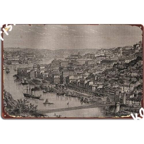 Porto Portugal City View Antique Engraving 1880 Poster Metal Plaque Designing Pub Mural Painting Mural Tin Sign Poster