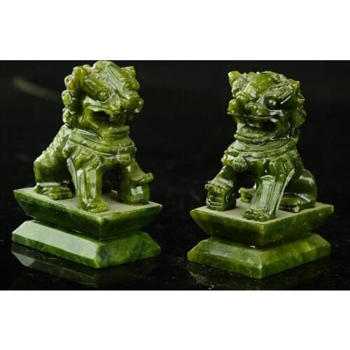 Rare A pair 100% China natural jade hand-carved statues fo dog lion
