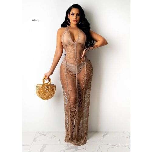 Sexy Women Long Knitted Dress Halter Backless V Neck Floor Length Crocheted Dresses Hollow Out Bodycon Crochet Beach Dress
