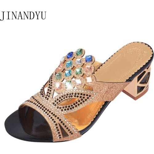Size 41 Rhinestone Women Slippers Sandals Summer High Heels Fashion Sexy Ladies Shoes and Sandals Chunky Heels Ladies Slippers