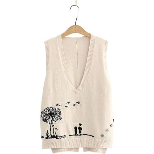 Women Sweaters Sleeveless Knitted Vest Vintage Cartoon Embroidery V-neck Pullover 2020 Autumn Winter Clothes Streetwear Tops