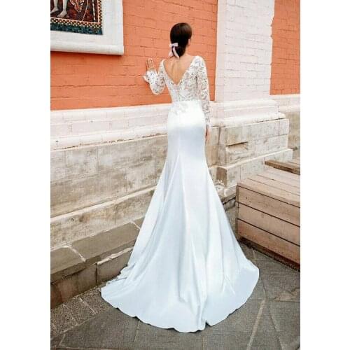 Unique Lace Wedding Dresses Mermaid V-Neck Long Sleeve Romantic Wedding Gowns Soft Satin Open Back Princess Party Dress