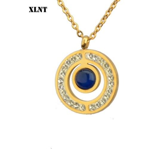 XLNT Shiny Paved Tiny Crysral Circle Round Necklaces & Pendants Gold Color Chain Stainless Steel Jewelry For Women