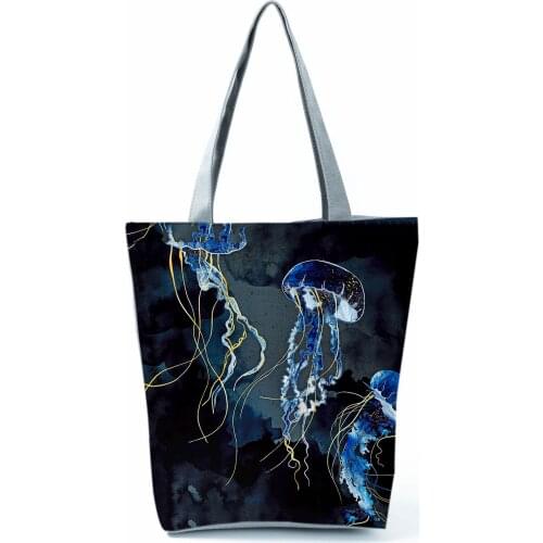 Japanese Ukiyo-e Design Womens Bag Jellyfish Print Shoulder Bags Fashion All-Match Handbags High Capacity Portable Shopping Bag