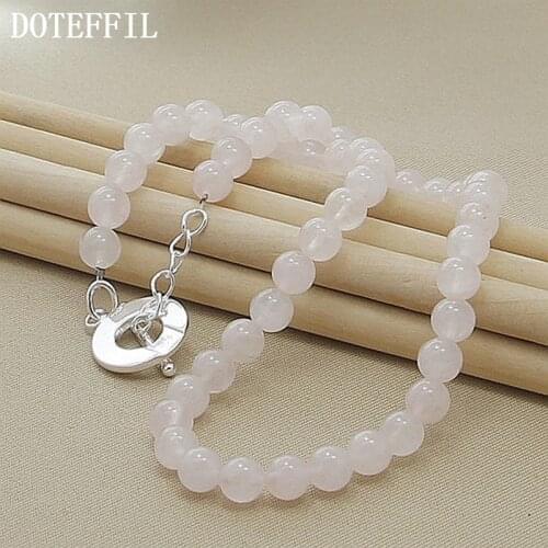 DOTEFFIL 8mm Natural White (Artificial Red Black Green) Pearl Necklace 925 Silver for Women Wedding Jewelry