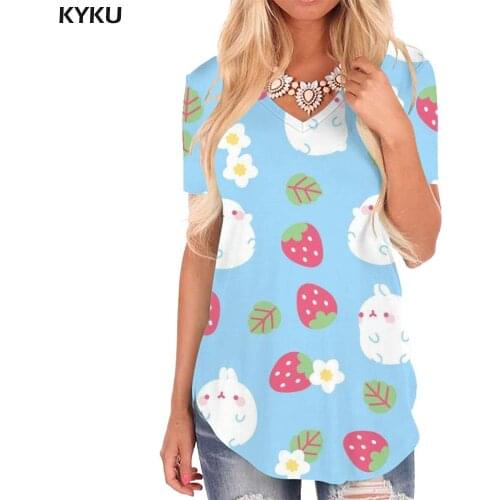 KYKU Rabbit T Shirt Women Strawberry V-neck Tshirt Flower Funny T shirts Lovely Tshirts Printed Womens Clothing Summer Cool New