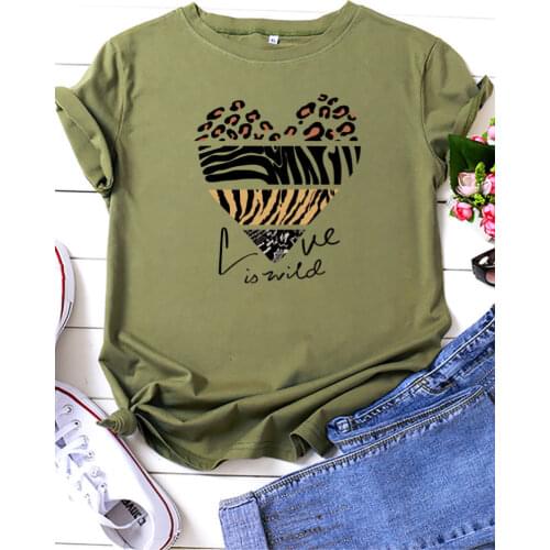 Love Is Wild Leopard Heart Print Women T Shirt Short Sleeve O Neck Loose Women Tshirt Ladies Tee Shirt Tops Camisetas Mujer