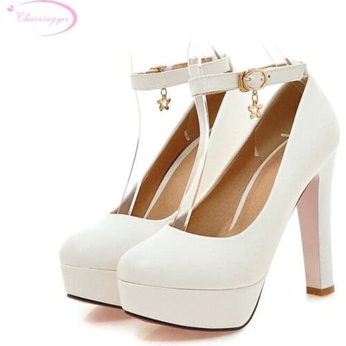 Chainingyee OL round toe pumps metal decoration buckle white green purple pink black platform high heel womens dress shoes