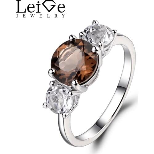 Leige Jewelry Three Stone Ring Natural Smoky Quartz Rings Round Cut Gemstone Wedding Engagement Jewelry Sterling Silver 925