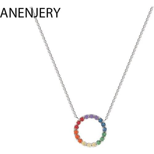 ANENJERY 925 Sterling Silver Colorful Rainbow Circles Pendant Necklace Geometric Candy Color Zircon Necklace For Women S-N526