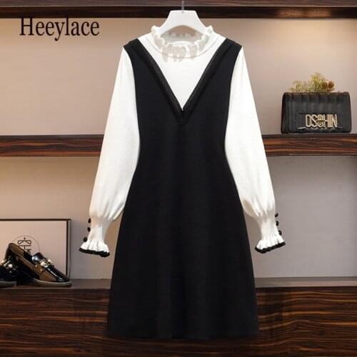 Plus size women winter thick warm knitted sweater dresses for women long sleeve patchwork knee length elegant vintage dress 2020