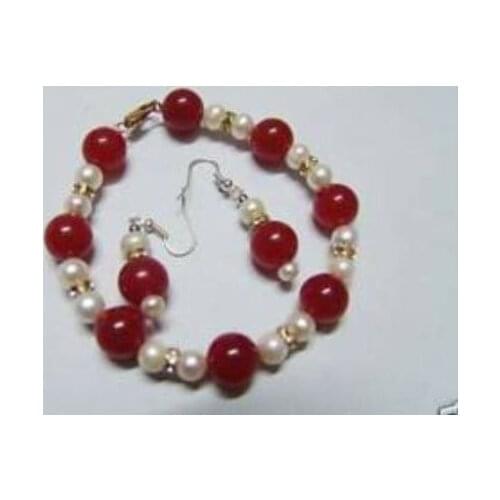 AA Beautiful red jewerly &white pearl bracelet& earring set