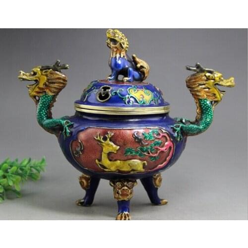 Antique Cloisonne three foot pure copper incense burner ornament brass double dragon carved Daming Xuande stove