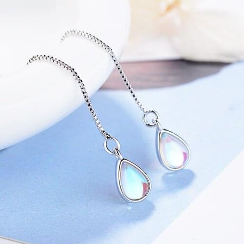 Elegant Wedding Earrings for Bride 925 sterling silver Jewelry Water Drop Artificial Moonstone Long Tassel Drop earring