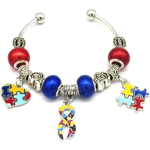 Dorp shipping Enamel Autism Awareness Jigsaw Puzzle Piece Charm Snake Chain Bracelets & Bangle For Man Woman Jewelry